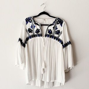 Embroidered floral detailed tie blouse